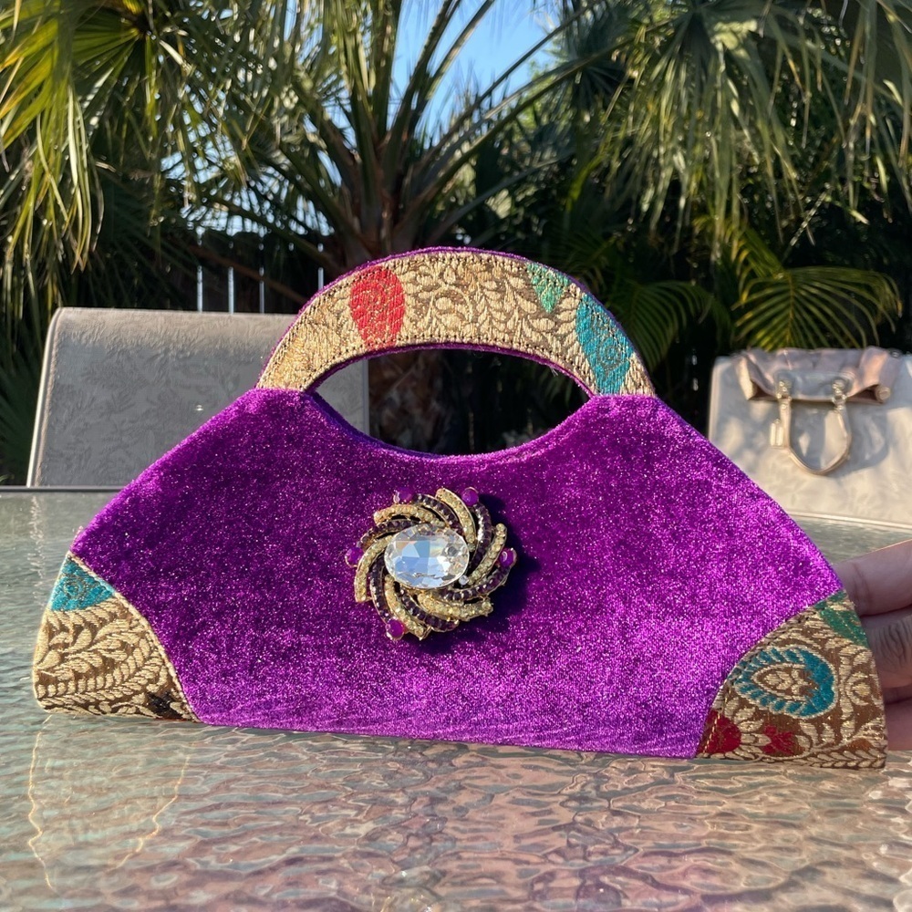 Purple Velvet Clutch with Embellished Brooch - Picture 3 of 12